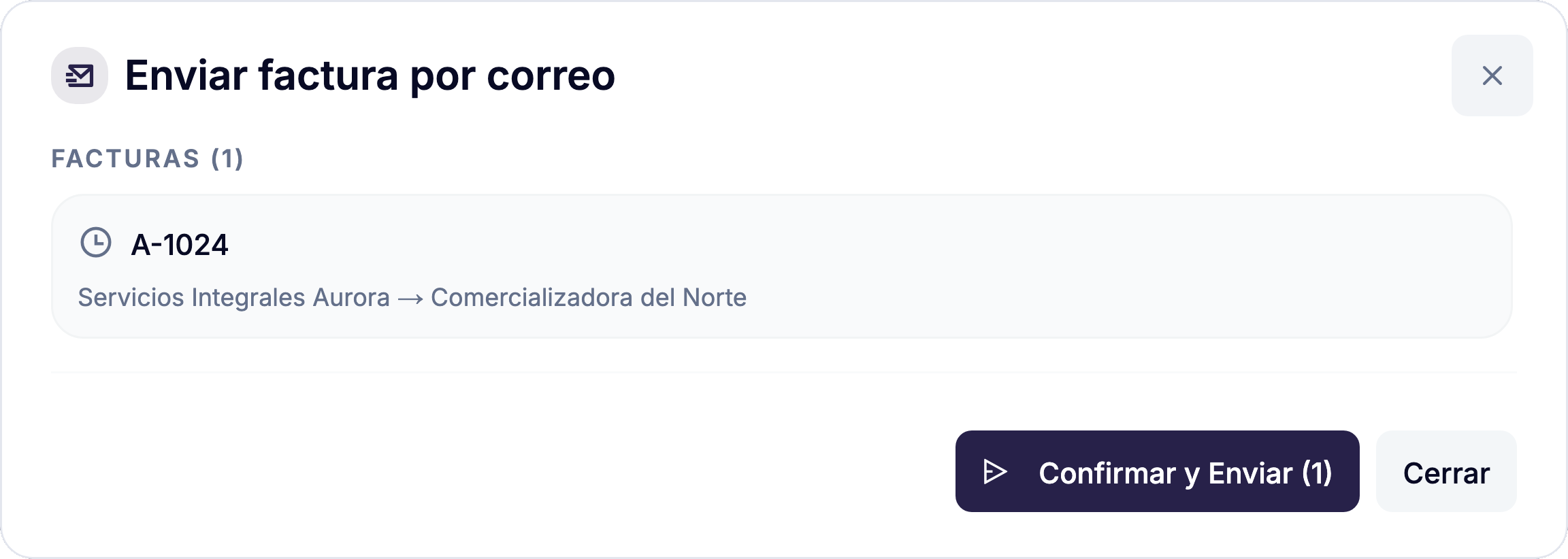 Ventana para confirmar y enviar la factura A-1024 por correo