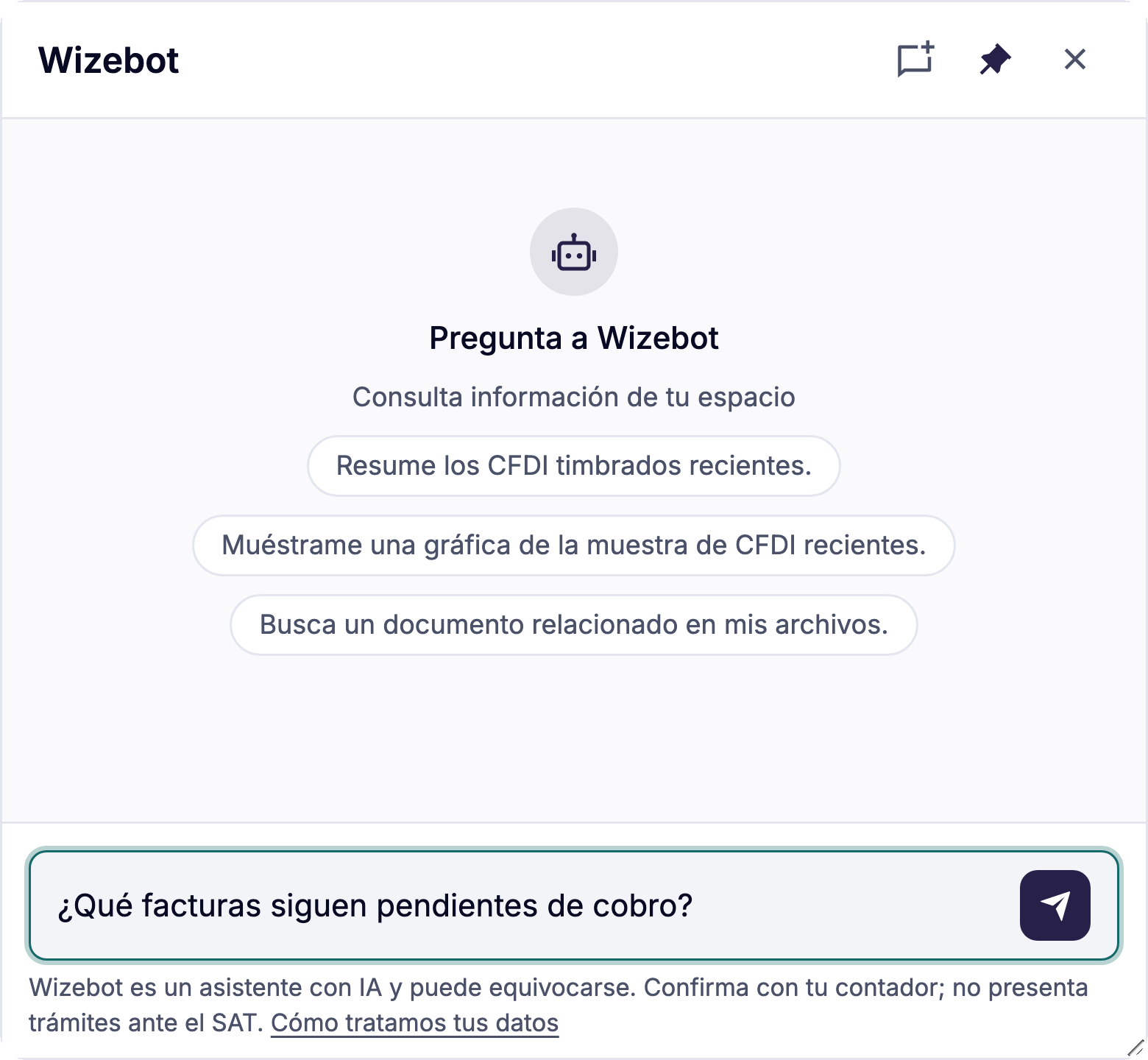 Panel de Wizebot con sugerencias y la pregunta: qué facturas siguen pendientes de cobro